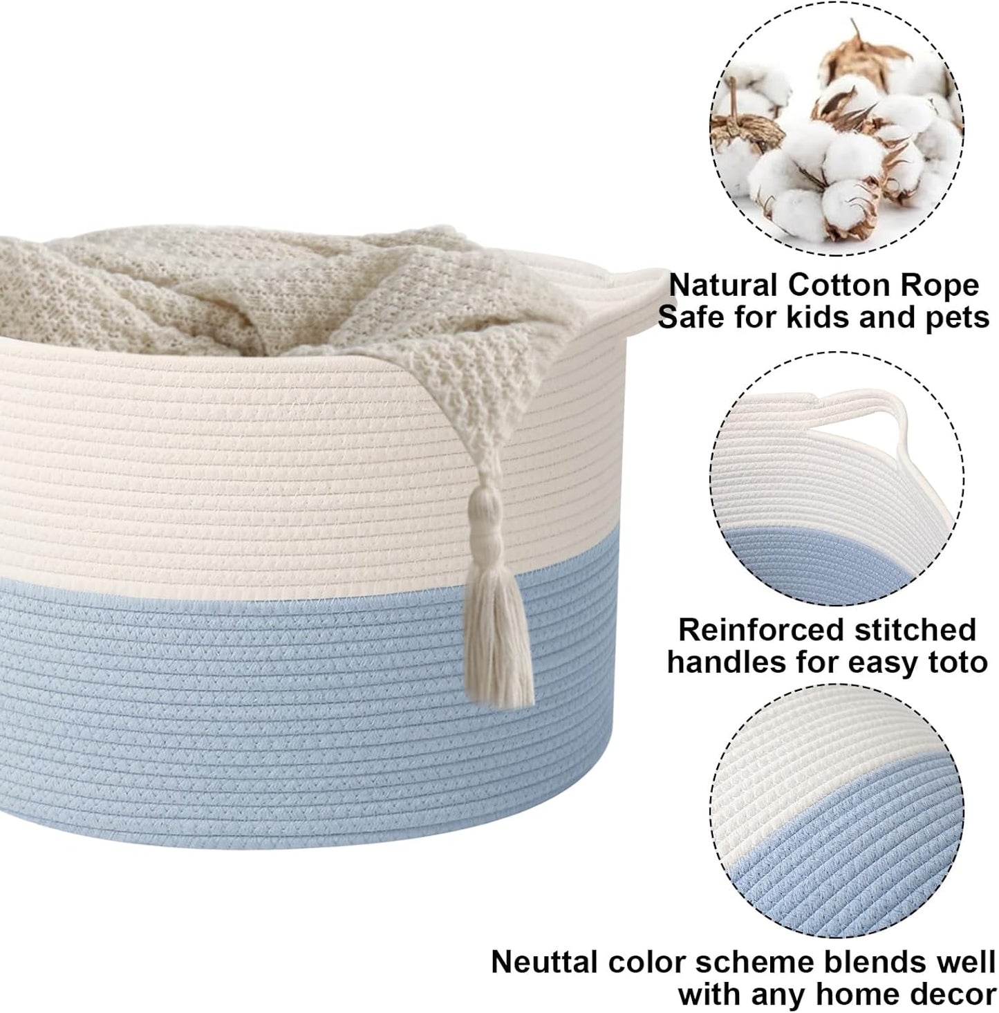 Large Blanket Basket for Organizing,115L Closet Organizers and Storage Bins Box for Shelves Woven Rope Storage Baskets,Living Room,Bedroom,Dorm,Laundry room (White&Blue)