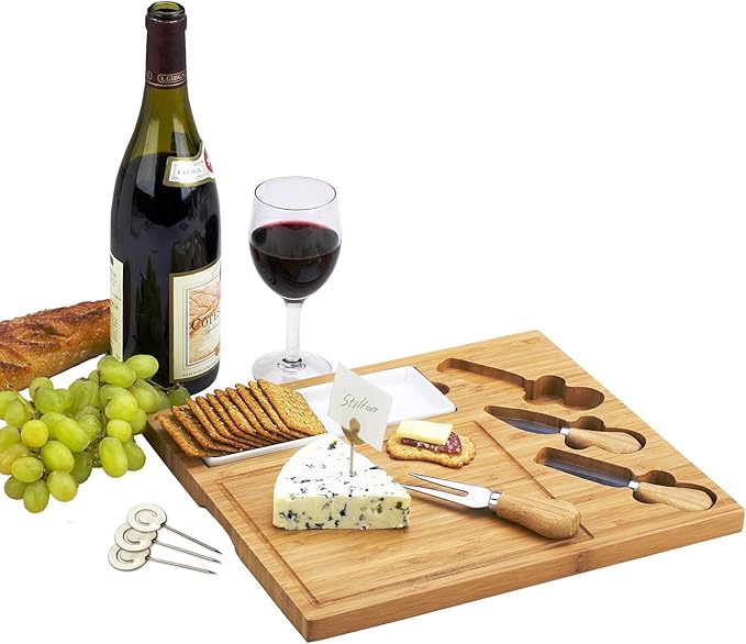 Custom Personalized Engraved Bamboo Cutting Board for Cheese & Charcuterie with Ceramic Dish, Knife Set & Cheese Markers -by Picnic at Ascot USA