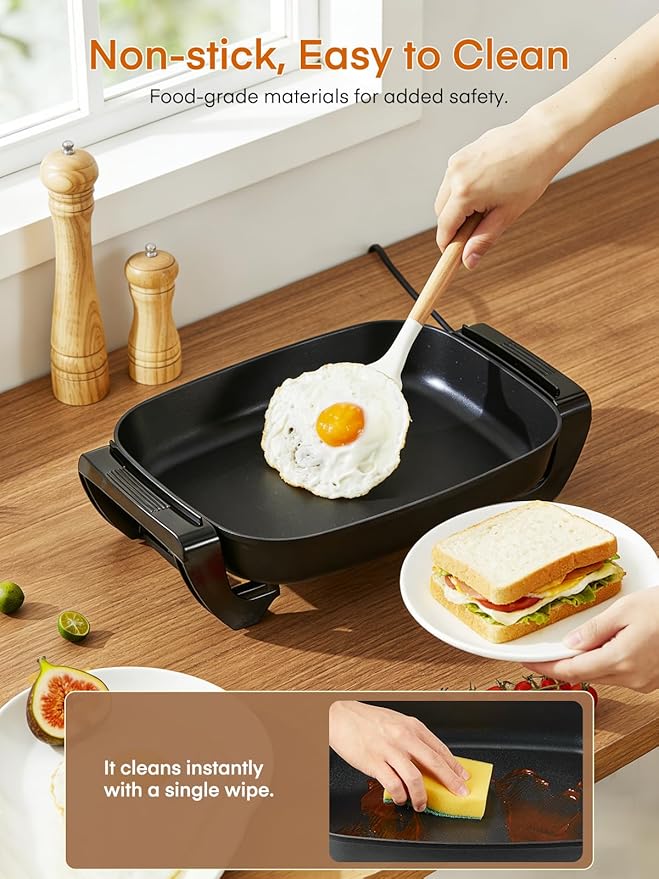 FOHERE 16-Inch Electric Skillet with Glass Cover, 1500W Rapid Heat, Adjustable Temperature, Multi-Purpose Electric Skillet Fried Chicken, Perfect For Family Gathering Cooking