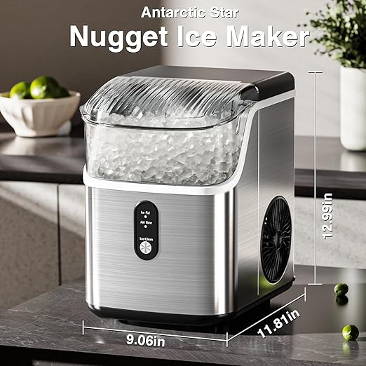 Antarctic Star Nugget Ice Maker Countertop, Chewable Nugget Ice Machine with Automatic Cleaning, Fast Ice Making 34Lbs/24H, One Click Operation for Party/Home/Bar/RV (Stainless Steel Silver)