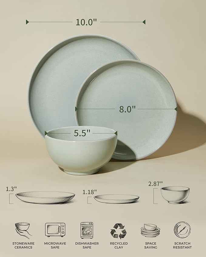 24 Piece Dinnerware Set for 8, Santorini Mist Terracotta Plates and Bowls Sets, Complete Stoneware Dish Set for Large Families and Entertaining, Microwave & Dishwasher Safe, Slate Green