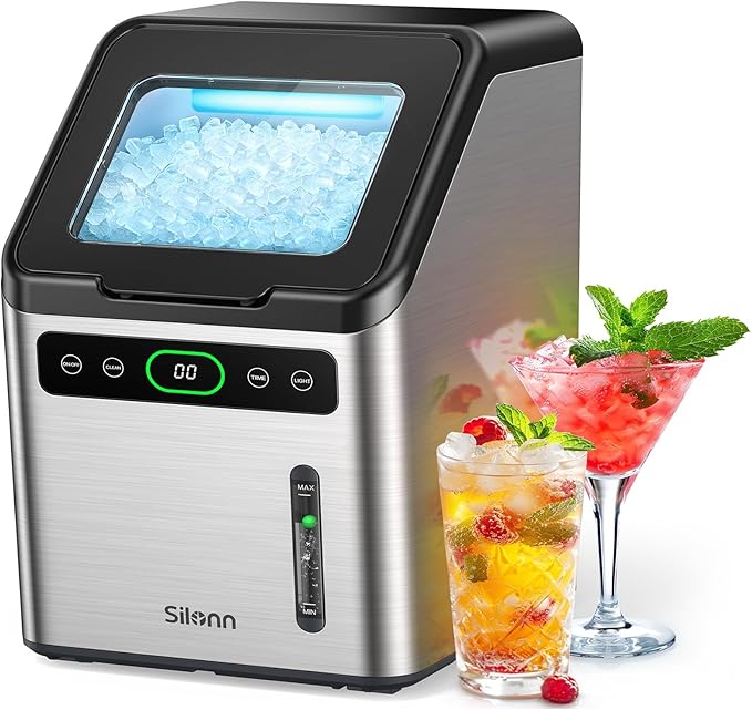 Silonn Nugget Ice Maker - Timer Ice Machine with Self-Cleaning, 45lbs per Day Pebble Ice Maker with Soft Chewable Ice, One-Click Operation Ice Machine for Home, Kitchen, Office
