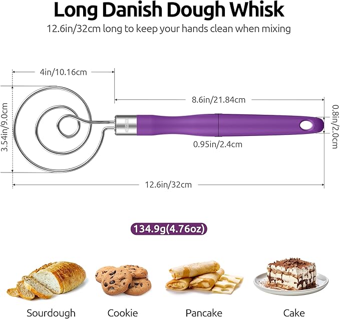 U-Taste 18/8 Stainless Steel Measuring Cups and Spoons Set of 10 and 12.6in Stainless Steel Danish Dough Whisk (Purple)