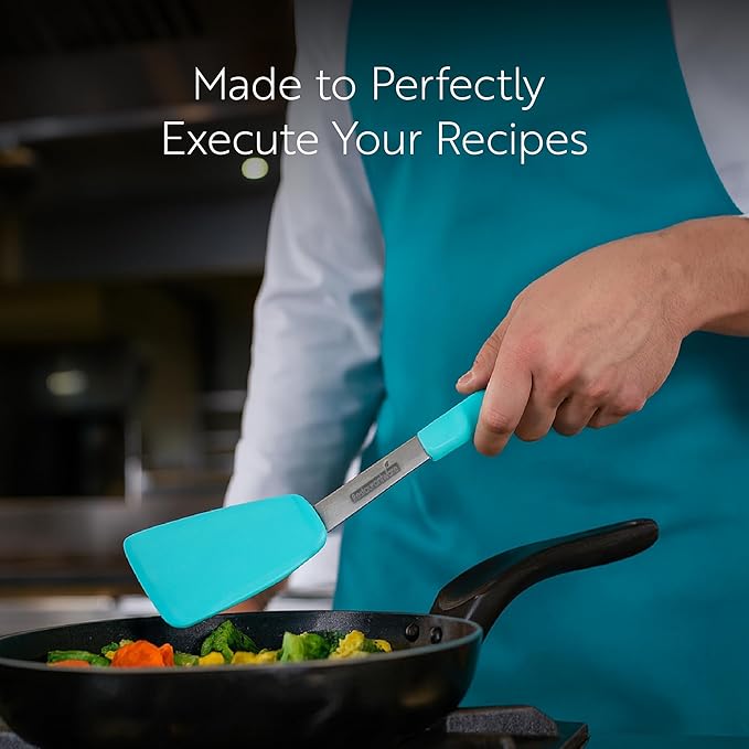 Restaurantware Comfy Grip 11.9 x 3 Inch Silicone Turner 1 Durable Cooking Turner - Stainless Steel Body Rubber Handle With Hole Red Silicone Flipper Spatula Tolerates Up To 446F Dishwashable
