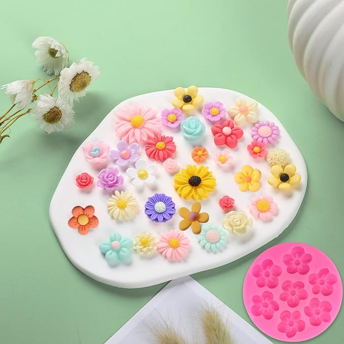 5Pcs Flower Molds Silicone Rose Chocolate Mold Daisy Flower Fondant Mould Polymer Clay Resin Mold Soap Ice Cube Gummy Sugar Wax Melt Molds for Baking and Cake Cupcake Decorating DIY Craft