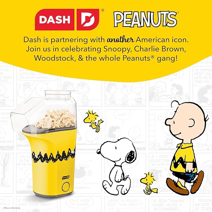 Peanuts DASH Fresh Pop Popcorn Maker - Oil-Free, Air Popcorn Popper - With Measuring Cup & Recipe Guide - Perfect for Movie Nights - 16 Cups