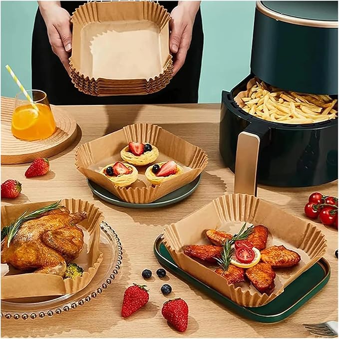 Large Air Fryer Disposable Paper Liners Nonstick 23cm Oven Airfryer Parchment Baking Paper ，Compatible For Ninja，Compatible For COSORI ，Grill Cooking Basket(20cm square,50PC)