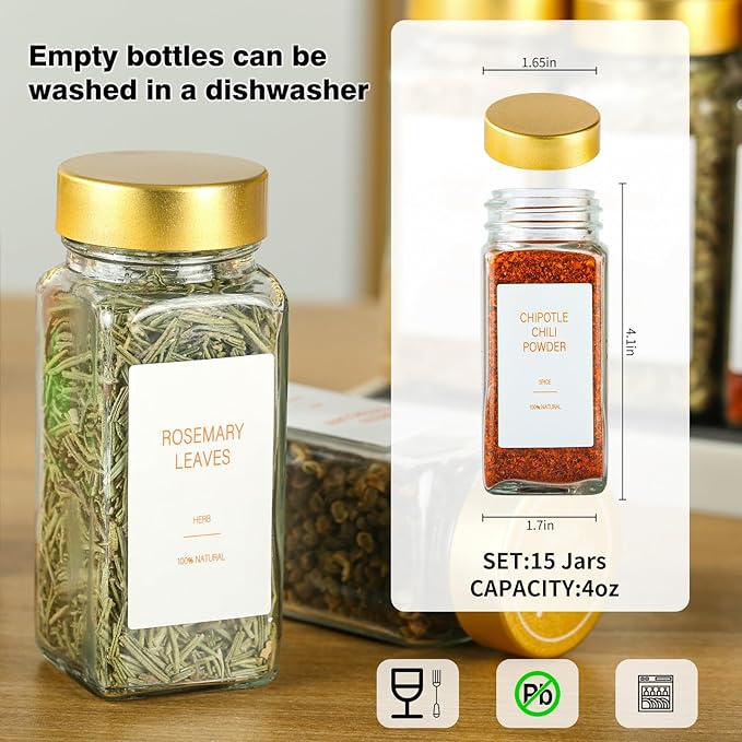 Gold Spice Jars with Label，4oz Seasoning Containers, Glass Spice Bottles with Shaker Lids,Funnel, Chalk Pen for Cabinet，Drawer，Rack (48)