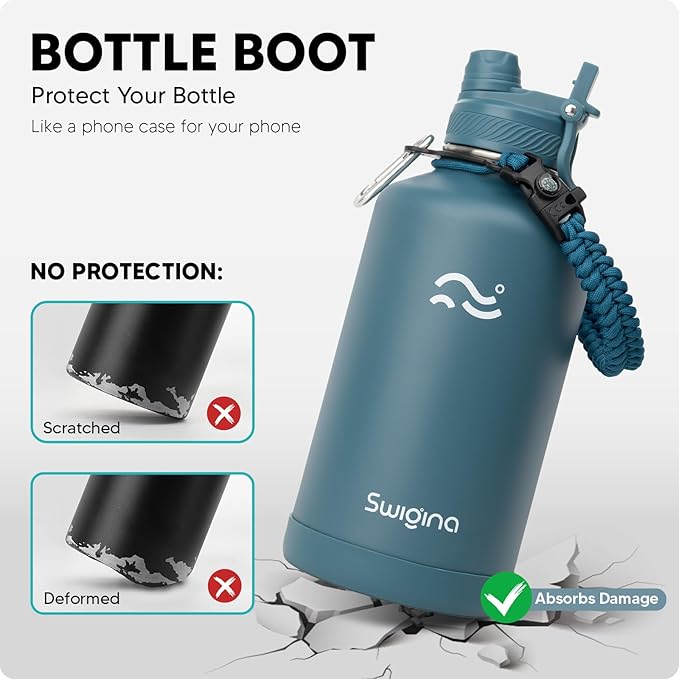 Swigina [2-IN-1 LID] 64 oz Insulated Water Bottle with Silicone Boot (48hrs Cold/24hrs Hot) - DIY Stickers, Leakproof, BPA Free, Half Gallon