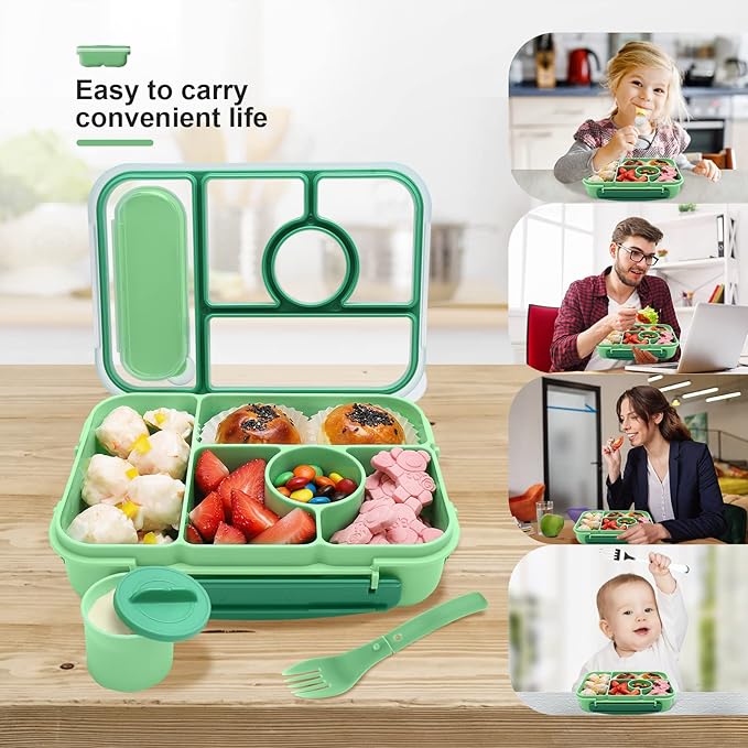 Amathley Bento Box Adult Lunch Box Kids,Lunch Containers for Adults/Kids/Toddler,5 Compartments Bento Lunch Box with Sauce Vontainers,Microwave & Dishwasher & Freezer Safe,BPA-Free (Green)