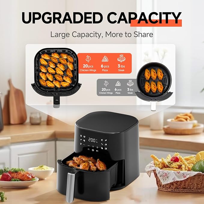 QIDO Air Fryer – 5 QT Compact Airfryer for Quick & Easy Meals in Minutes, 180°- 450°F Precision Heating, Touchscreen Controls with Auto Menus, Nonstick & Dishwasher Safe Basket - Black
