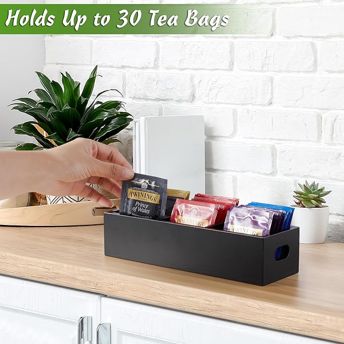 DRASTAR Tea Bag Organizer, Black Wooden Tea Bag Holder& Tampon Holder for Bathroom, Feminine Product Organizer