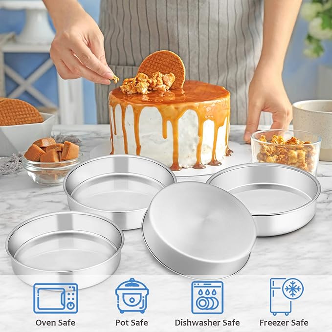 E-far 8 Inch Cake Pan Set of 4, Stainless Steel Round Layer Cake Baking Pans, Non-Toxic & Healthy, Mirror Finish & Dishwasher Safe