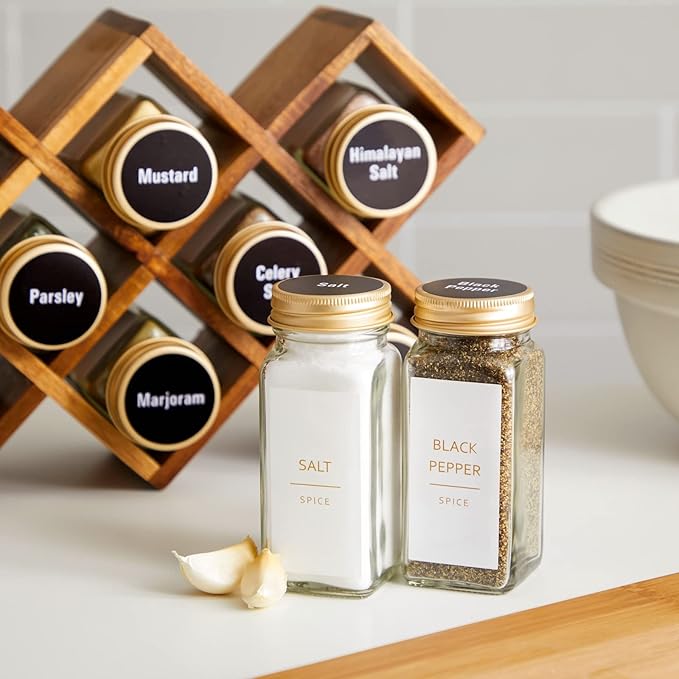 Talented Kitchen 24-Pack Glass Spice Jars - 4 Oz Square Bottles & Gold Metal Caps - Refillable Shaker & Pour Lids, 284 Preprinted Stickers - Seasoning Organizer for White & Gold Kitchen Organization