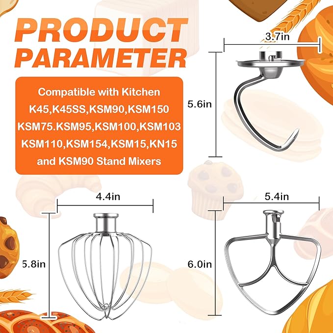 3-Piece Set Mixer Accessories for KitchenAid 4.5QT Tilt-Head Stand Mixers – K45WW, K45DH & K45B Replacement, All Stainless Steel, Dishwasher Safe(Machine/Mixer Not Included)
