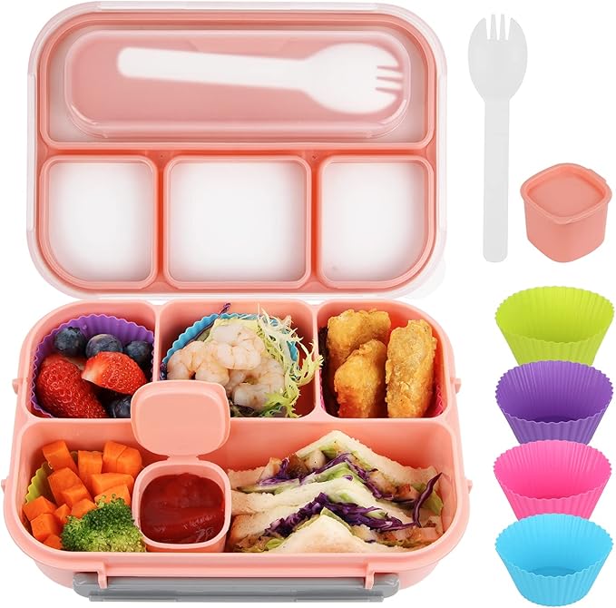 MaMix Bento Box for Kids, Lunch Box Kids, Lunch Containers for Adults,4 Compartment Leak-Proof with Sauce Snack Pot Cutlery (Pink)