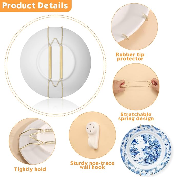 14 pcs Plate Hangers for The Wall, 4/6/8/10/12 Inch Invisible Decorative Wall Plate Hangers, Stainless Steel Plates Walls Hanger for Display Various Sizes with Hooks for Decorative