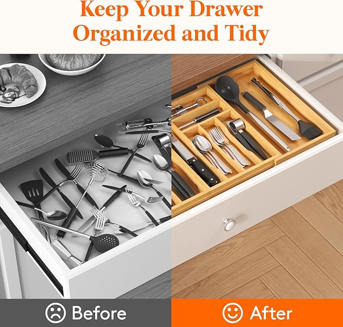 Lifewit Large Silverware Drawer Organizer, Expandable 21.4 to 36 Inches Wide, Bamboo Utensil Tray for Kitchen, Adjustable Flatware and Cutlery Holder for Spoons Forks Knives, 13 Compartments, Natural