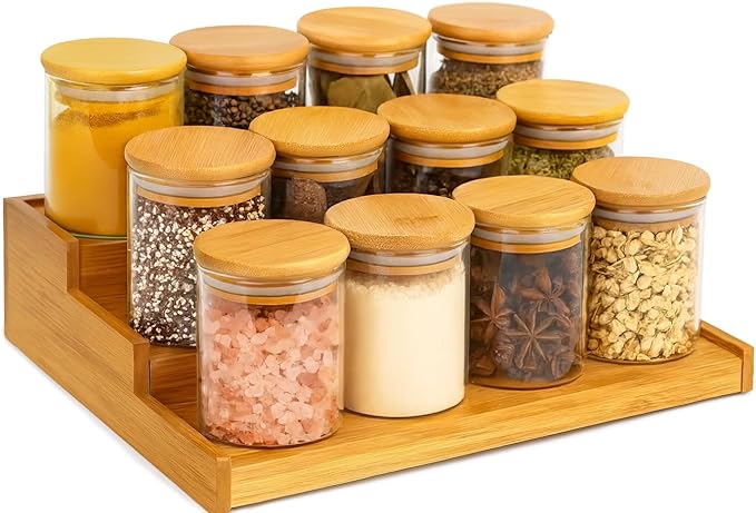 Bamboo Spice Rack Organizer with 12 Glass Jars - Premium Kitchen Cabinet & Countertop Complete Set - Eco-Friendly & Gift-Ready