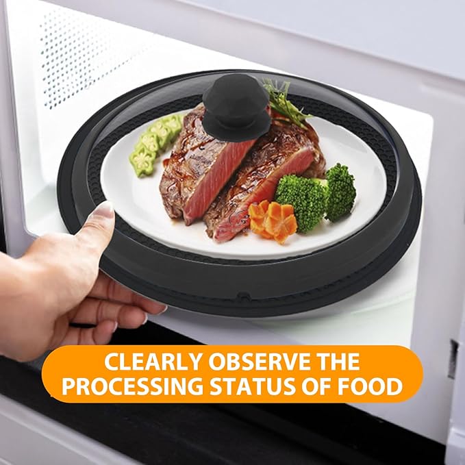 Microwave Glass Cover Splatter Guard Lid with Anti-scald Silicone Handles and Vented Edge for Food Pot Plate Cover 10.5 inch Diameter Black Height 3.35 inches
