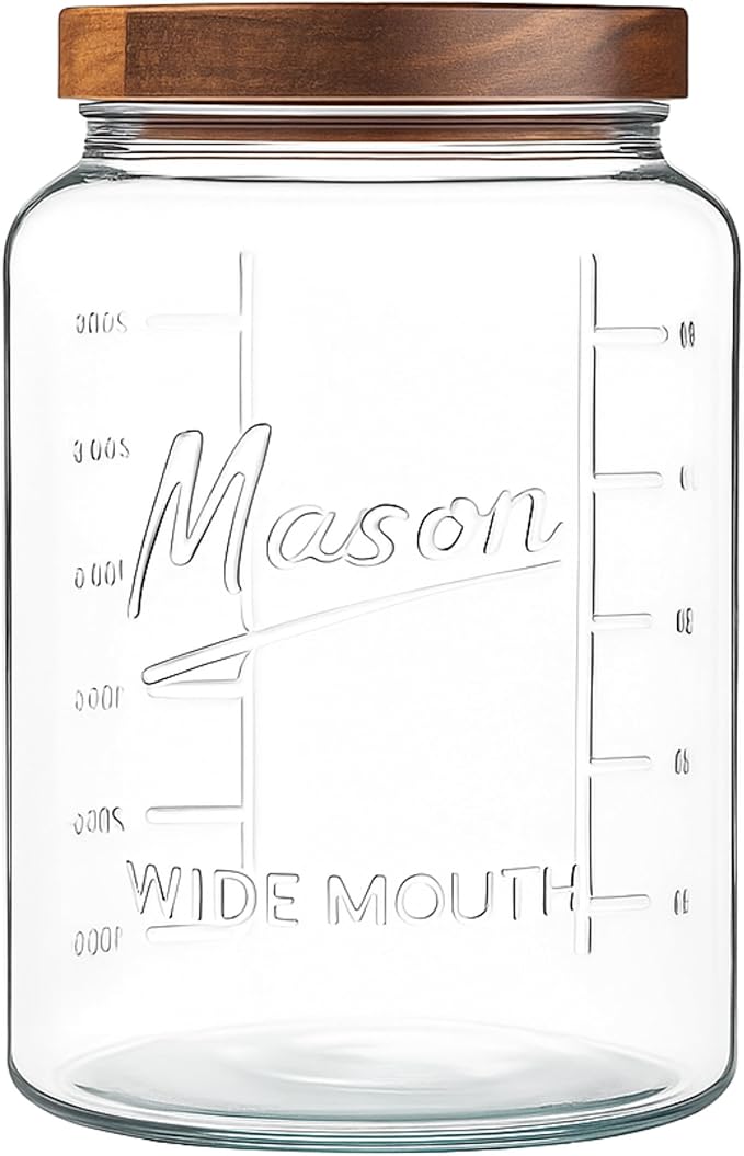 kitchentoolz Extra Large Mason Jar - 1 Gallon Glass Wide Mouth Jar with Airtight Wooden Lid, Food Storage Container with Measurement Markings For Kitchen Pantry, Pickling, Cookies, Flour & Sugar