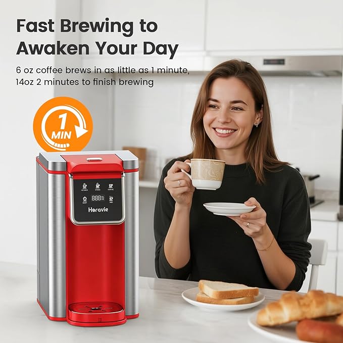 Horavie Single Serve Coffee Maker for K-Cup Pod and Grounds, Hot & Iced Coffee Maker, Strong Button Feature, 6 to 14oz Brew Sizes, 50oz Removable Reservoir, Fit 6.5" Mugs, Stainless Steel, Red