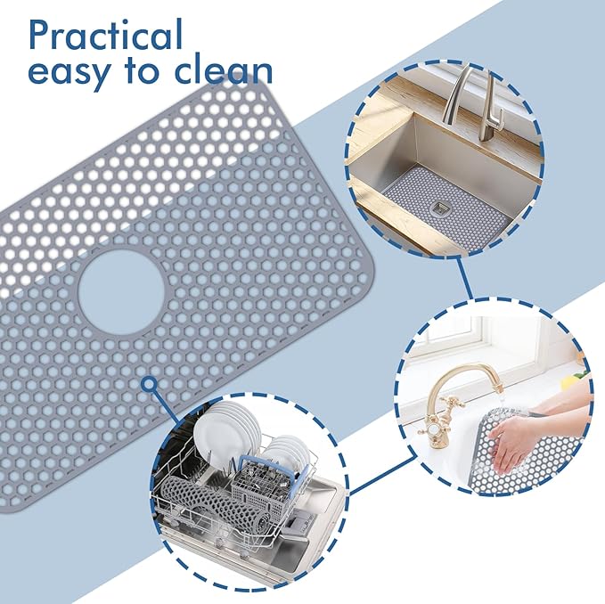 Bestjing Silicone Sink Mat - Protectors for Kitchen Sink with Center Drain, 26"x 14" Kitchen Grid Accessory, Non-Slip Heat-Resistant Mat for Bottom of Farmhouse Porcelain Stainless Steel (Center Hole)