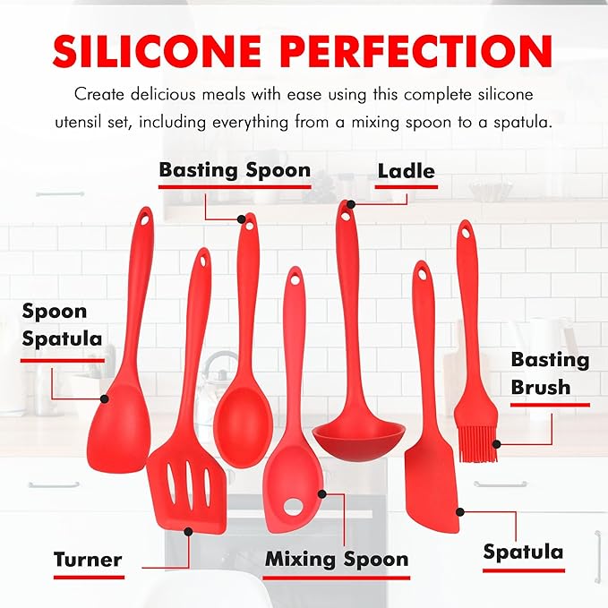 Chef Craft 42077 7 Piece Silicone Kitchen Tool and Utensil Set, Red