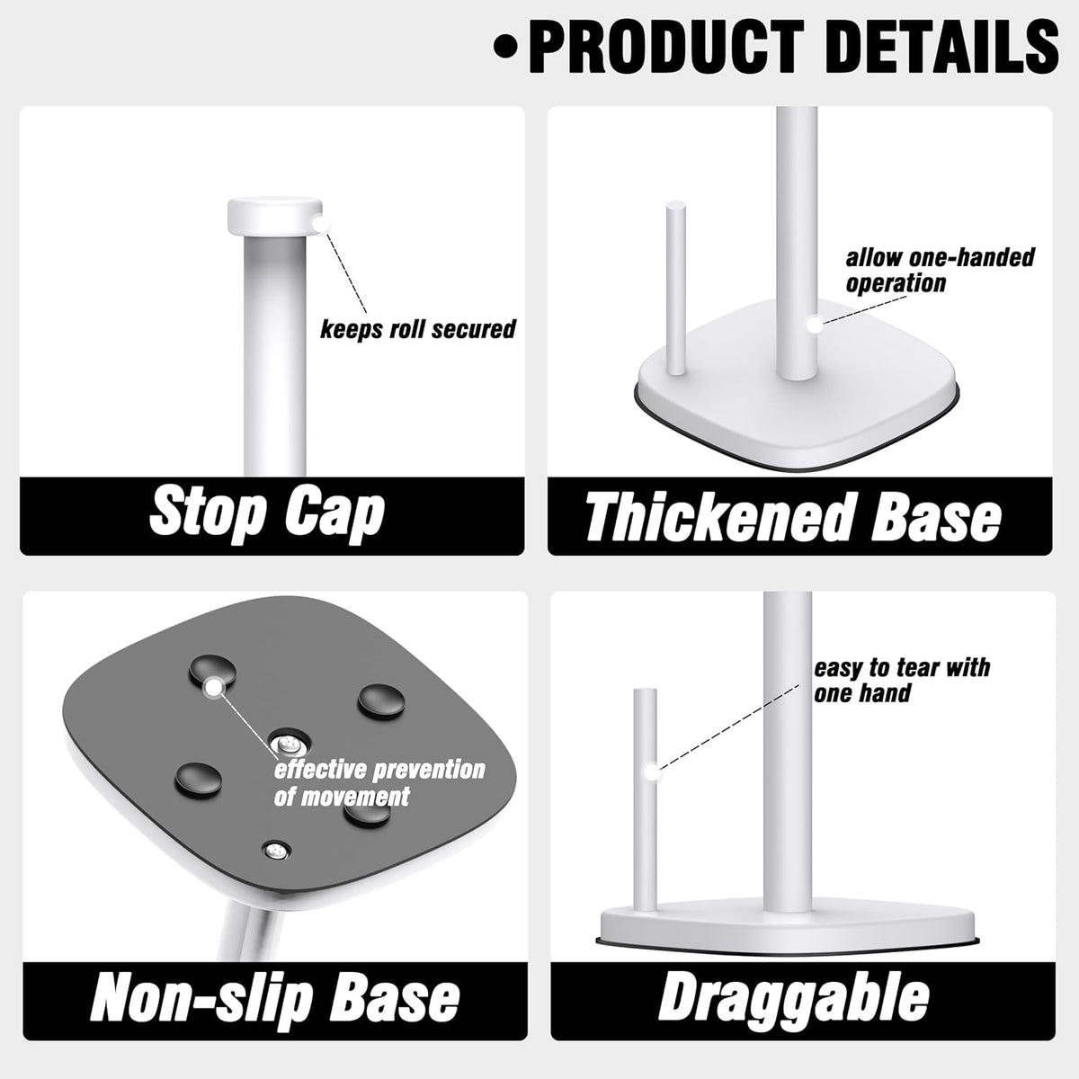 Paper Towel Holder Countertop, Standing Paper Towel Roll Holder for Kitchen Bathroom Organize, Stand with Weighted Base Suction Cups, Stainless Steel One-Handed Operation (White)