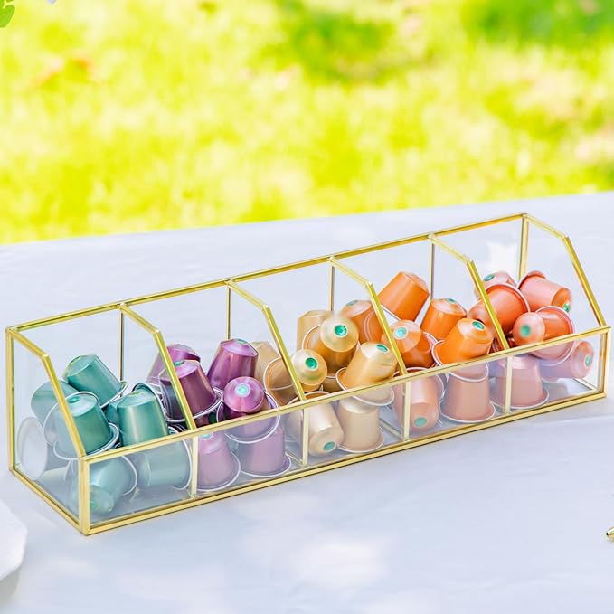 NCYP Glass Tea Bags Organizer with 5 Slots Compartments, Indoor Counter Top Display Case, Storage Box without Lid, Gold Teabag Storage Rack, Decor, 14.5 x 3. 6 x 3.6 Inches (Glass Box Only)
