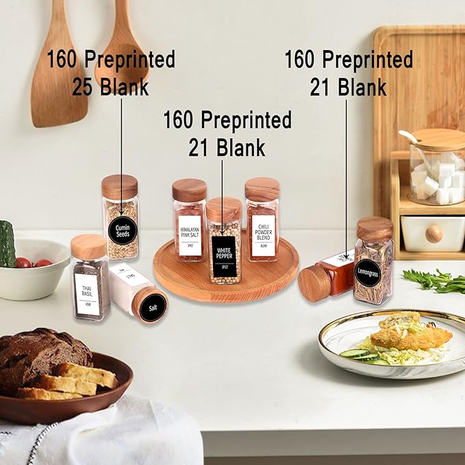 Churboro 36 Glass Spice Jars with 547 Labels with Shaker Lids - 4 Oz Square Spice Containers with Acacia Wood Lids, Chalk Pen, Funnel Seasoning Jars for Spice Rack, Cabinet, or Drawer