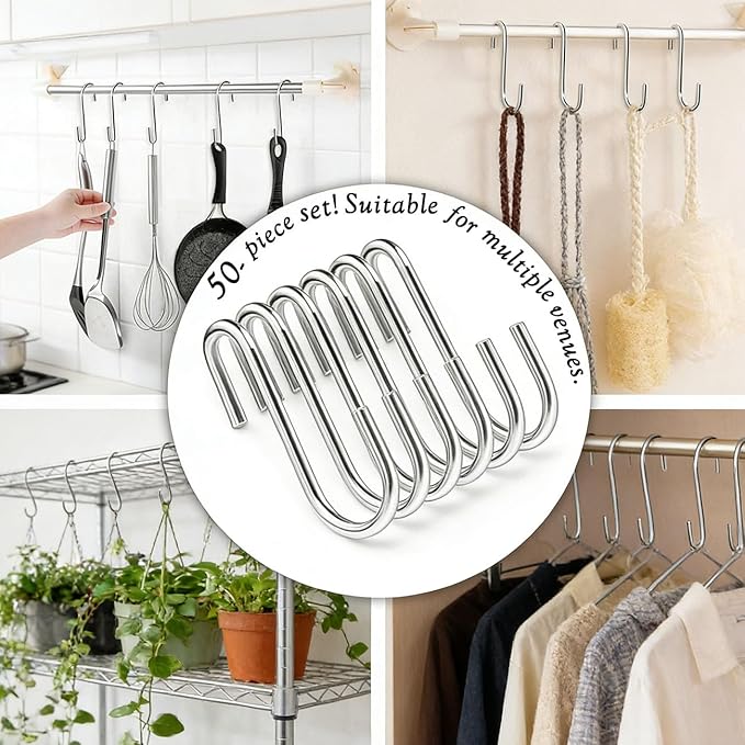 50-Pack 2.4 Inch Heavy Duty Stainless Steel S-Hooks — Waterproof Kitchen Utility Hooks for Pots, Pans, Mugs, Towels and More, Ideal Gift for Friends