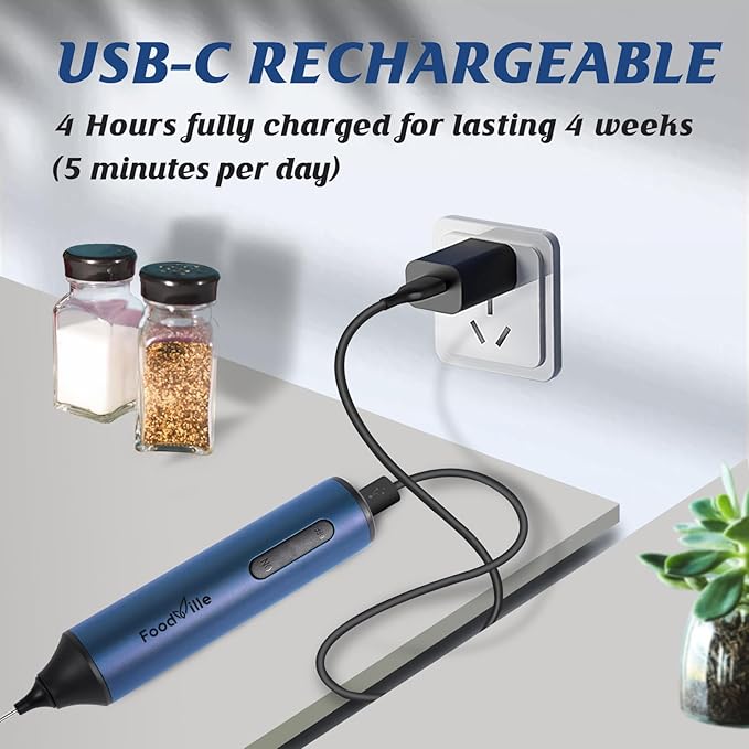 FoodVille MF05 Rechargeable Milk Frother USB Charging Handheld Foam Maker with Stainless Balloon Whisk for Cappuccino, Latte, Bulletproof Coffee, Keto Diet, Protein Powder, Matcha (Navy Blue)