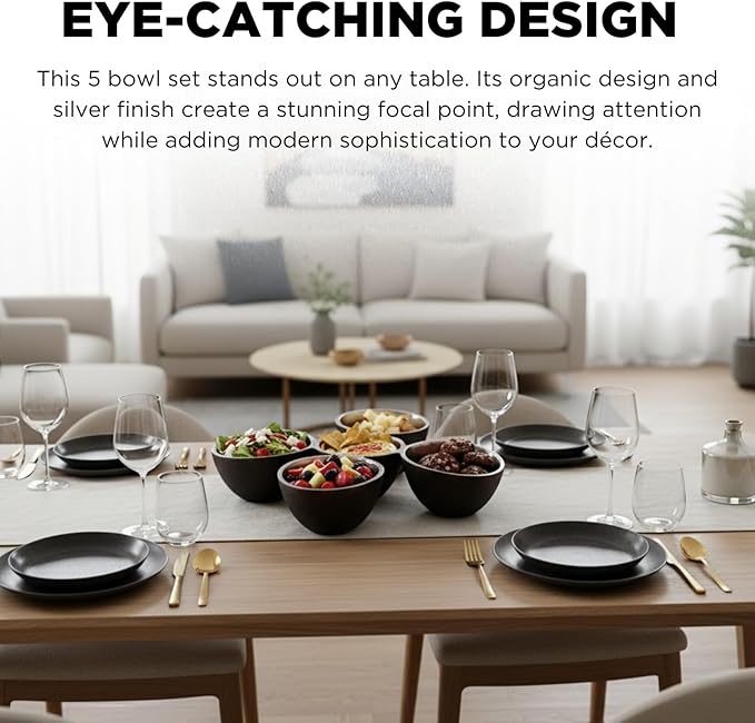 5 Cluster Decorative Bowls Dark Matte Bronze/Black & Chrome Silver Snack Tray Bowl Chip & Dip Serving Piece Strong Centerpiece Beautiful Room Accent & Entertaining Parties Home Decor Wedding Gifts 15"