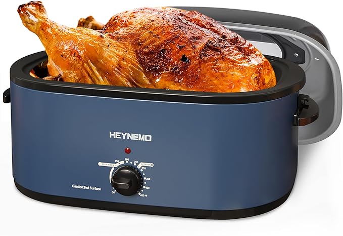 26Qt Turkey Roaster Oven Buffet with Self-Basting Lid, 1450W Electric Roaster Oven with Cool-Touch Handles, with Removable Pan and Rack, Blue