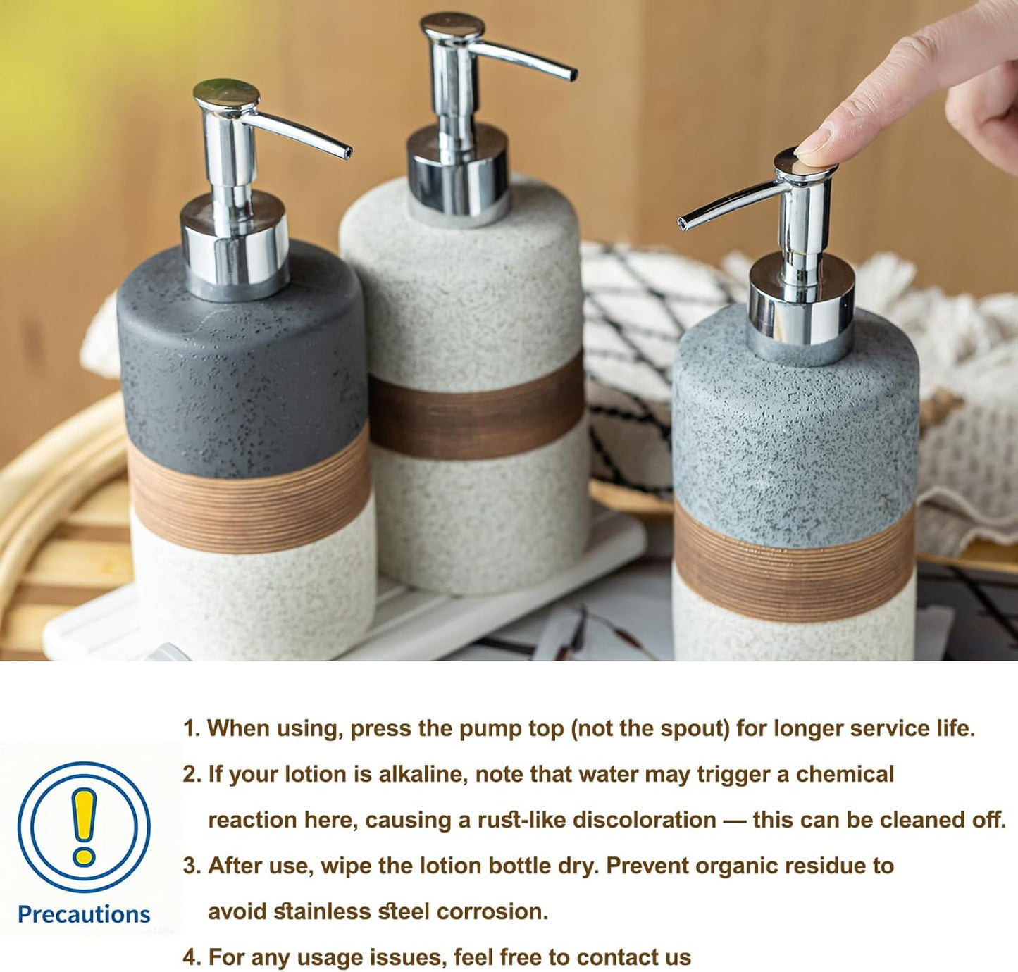Ceramic Soap Dispenser Set for Hand Soap, Shampoo, Dish Soap, Conditioner, Bathroom & Kitchen, Stainless Steel Pump, Includes Silicone Funnel, 12 Oz, Non-Slip, Elegant Kitchen Decor, Gray