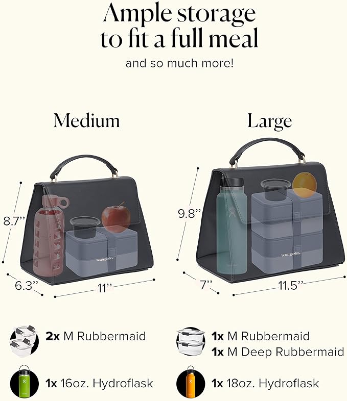 BEAUTYGOODIES X-Large Lunch Bag for Women, Work, Picnics and Parties, Insulated Cute Tote Purse Black,Stylish Bag for Women at Work, Office, Insulated Cooler for women, Ladies, Teachers, Nurses