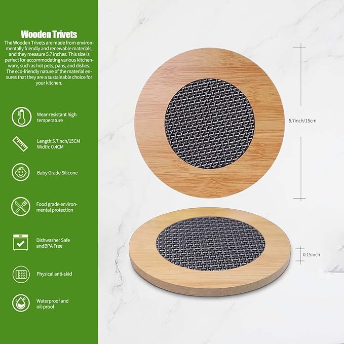 4 Pcs Wooden Trivets Hot Pads for Kitchen,5.7 Inch Trivets with Anti - Slip mesh for Coffee Mat/Table Mats Frying Pans/ot Dishes/Hot Pot/Bowl/Teapot/(Round)