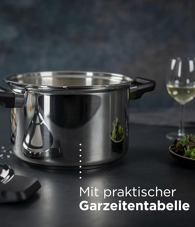 Kuhn Rikon DUROMATIC® 5.0L Stovetop Pressure Cooker – 22cm, Swiss Made – 18/10 Stainless Steel, Energy Efficient, Safe Locking Lid, Works on Induction & All Stovetops, Includes Trivet & Cookbook