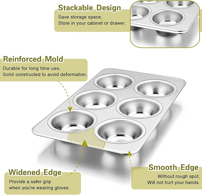 P&P CHEF Muffin Pan Cupcake Baking Pan Set, Stainless Steel Muffin Tin Tray for Mini Cake Tart Quiche, Oven & Dishwasher Safe, Non-toxic & Heavy-duty, (6 Cup, 4Pcs)