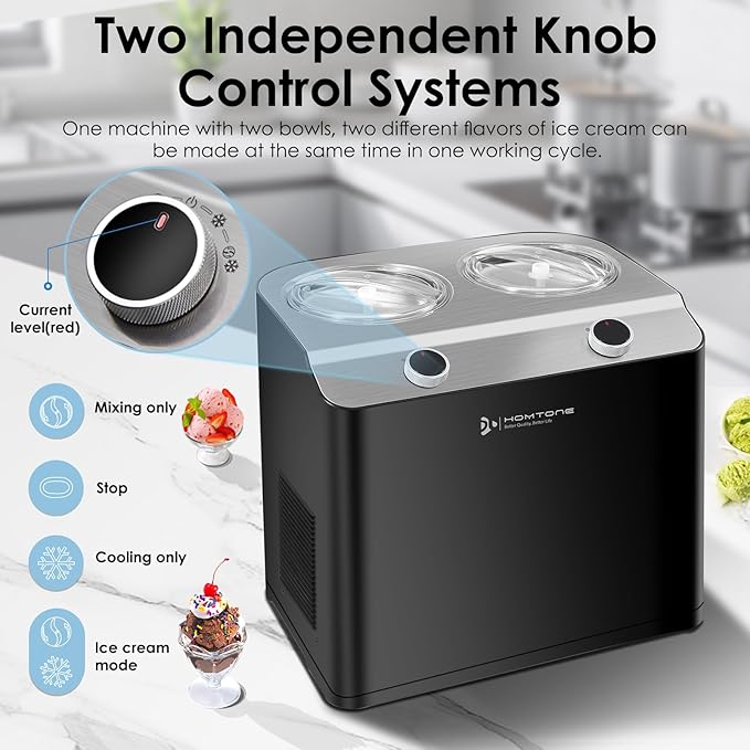 Homtone 2 Flavor Ice Cream Maker,Automatic Compressor Ice Cream Maker Machine with 2 Bowls,2.6QT (2 x 1.3qt) Largest Capacity & Fastest Freezing Ice Cream Machine, 3 Modes, Keep Cool Function