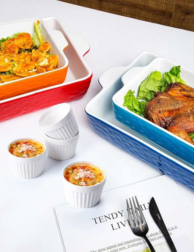 Ceramic Baking Dish and Ramekins Set Casserole Dish with Handles Packaging Upgrade Nonstick Ceramic Bakeware Ramekins Bowls for Baking Souffle, Cooking, Cakes, Lasagna & Gift, Red