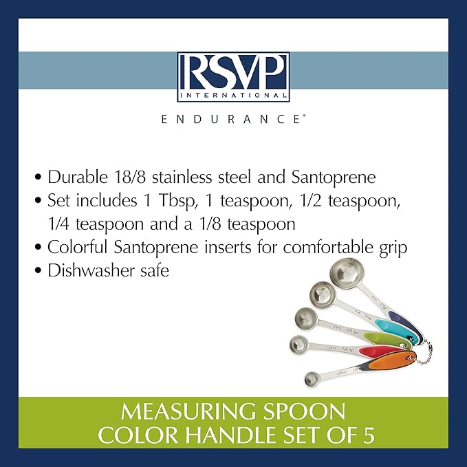 RSVP International Endurance Kitchen Collection Measuring Tools, Dishwasher Safe, Colored Handles, 5 Piece, Stainless Steel