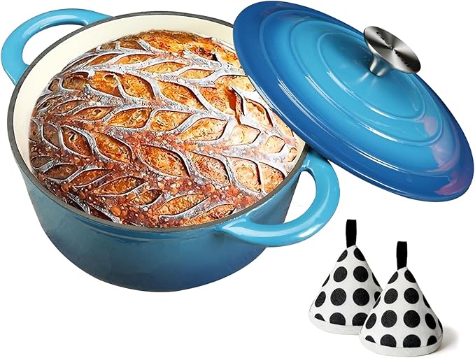 4.5QT Enameled Cast Iron Dutch Oven with Lid, Heavy-Duty and Dual Handles Cookware Round Pot, Oven Safe up to 500° F for Baking, Braising, Cooking and Roasting, Blue