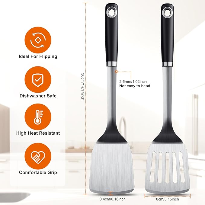 Stainless Steel Spatula Set, 2 Piece Heavy Duty Turner/Metal Spatula, High Heat Resistant Kitchen Cooking Utensils, Ideal Cookware for Frying Steak, Fish, Eggs or Pancakes