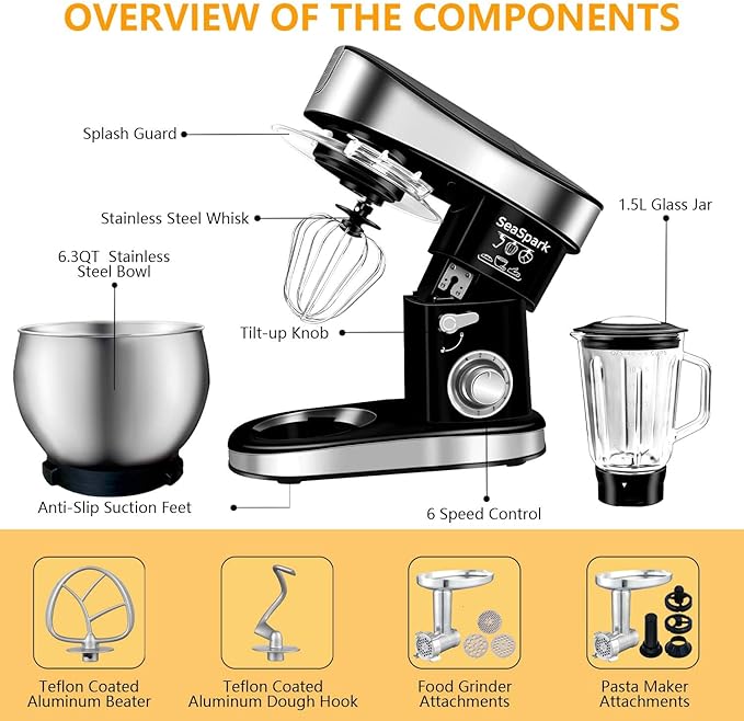 Multifunctional Stand Mixer, 6 in 1 Stand Mixer, 6.3Qt Tilt-head, Standing Mixer with Stainless Steel Bowl, Meat Grinder, Juice Blender, for professional Baking and Most Home Cooks, Black