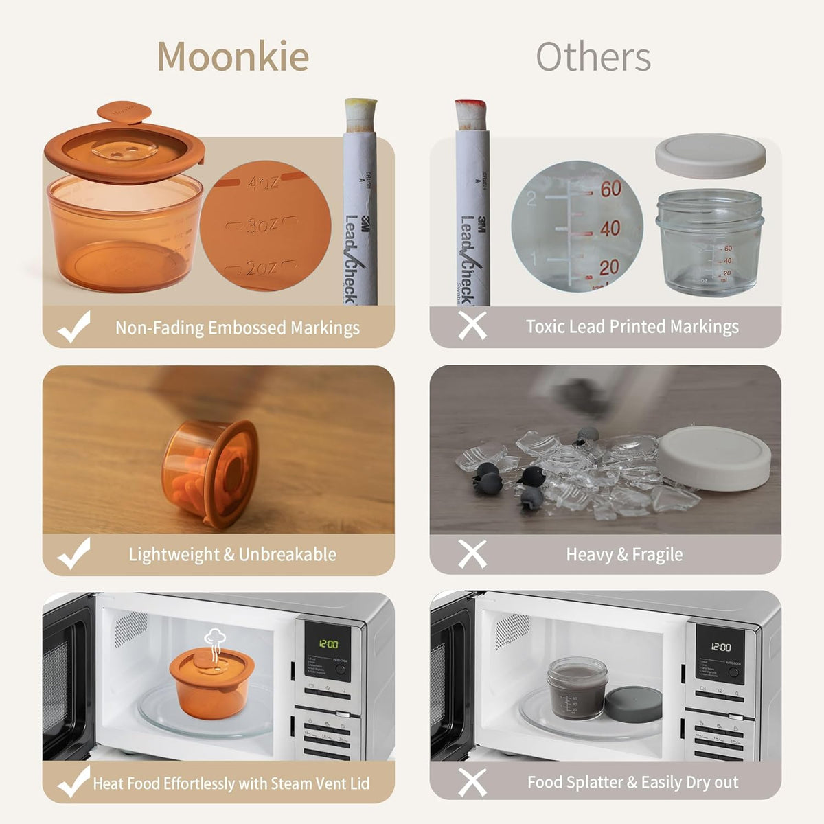 Moonkie Silicone Snack Containers for Kids and Toddlers | 8 oz Baby Food Containers with Airtight Lids and A Snack Lid | Baby Food Jars | BPA Free | Freezer & Dishwasher Safe | 6 Pack