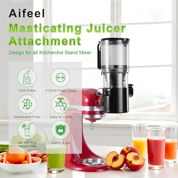 Masticating Juicer Attachment for KitchenAid Stand Mixer,Slow Cold Press Juicer for Kitchenaid Accessory with 4.5" Large Feed Chute,2 * 28oz Cups for Fruits & Vegetables by Aifeel