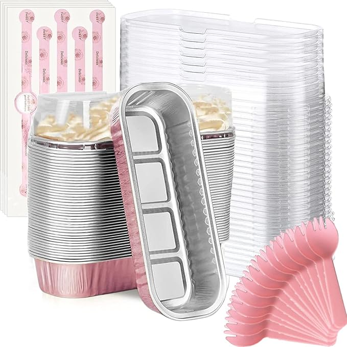 Findful Mini Loaf Baking Pans with Lids and Spoons (50 Pack, 6.8oz) Rectangle Aluminum Foil Baking Pans Tins Containers - Cupcake Containers Wrappers Cheesecake Creme Brulee Ramekins