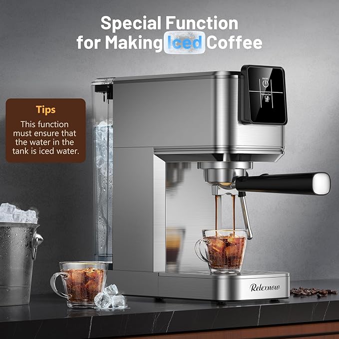 RELEXNOW Espresso Machine, 20 Bar Professional Espresso Coffee Maker with Milk Frother Steam Wand, Hot & Iced Coffee Machine, Compact Stainless Steel Coffee Machine for Cappuccino,Latte,Cold Brew